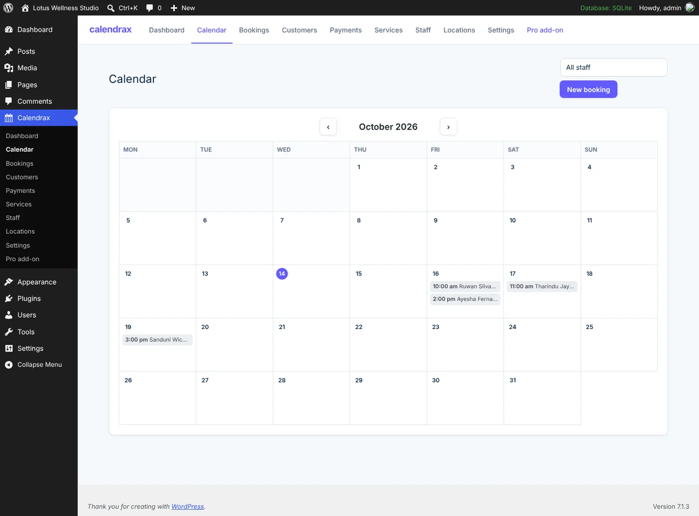 The admin calendar showing a week of bookings