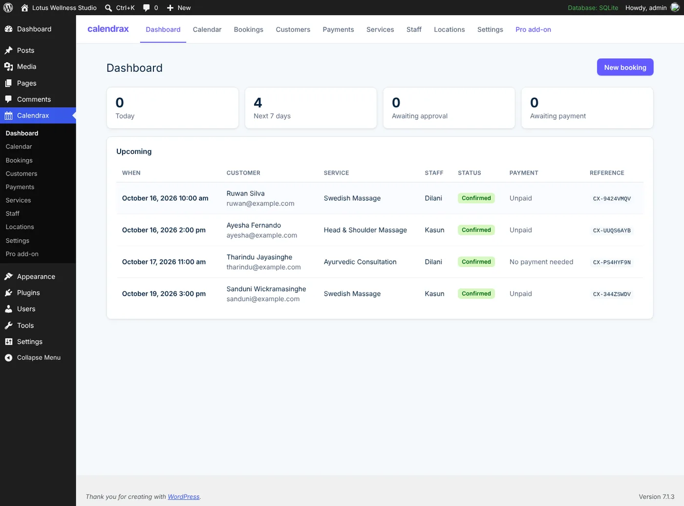 The Calendrax dashboard in WordPress