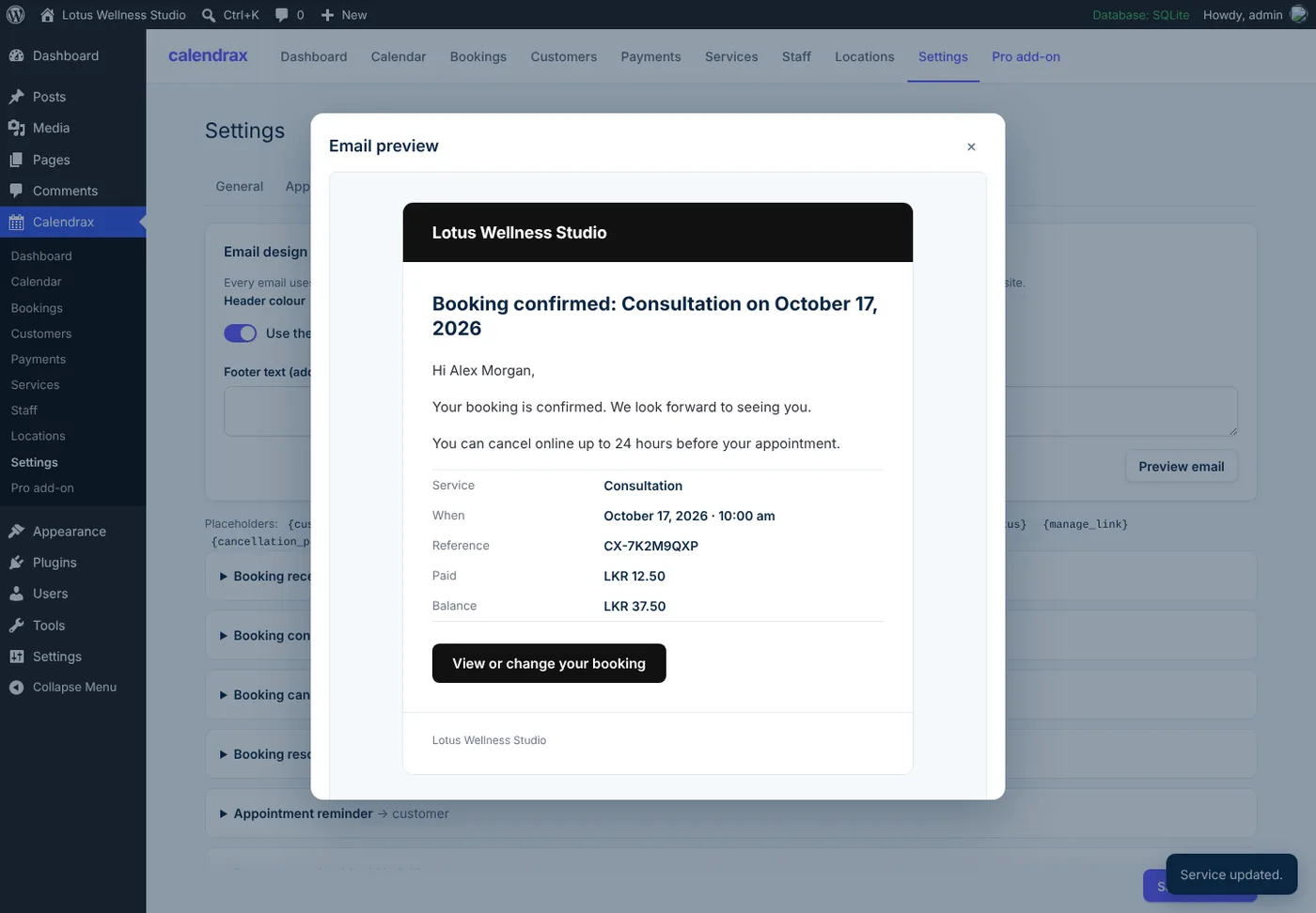 The email settings with a header colour picker and a preview