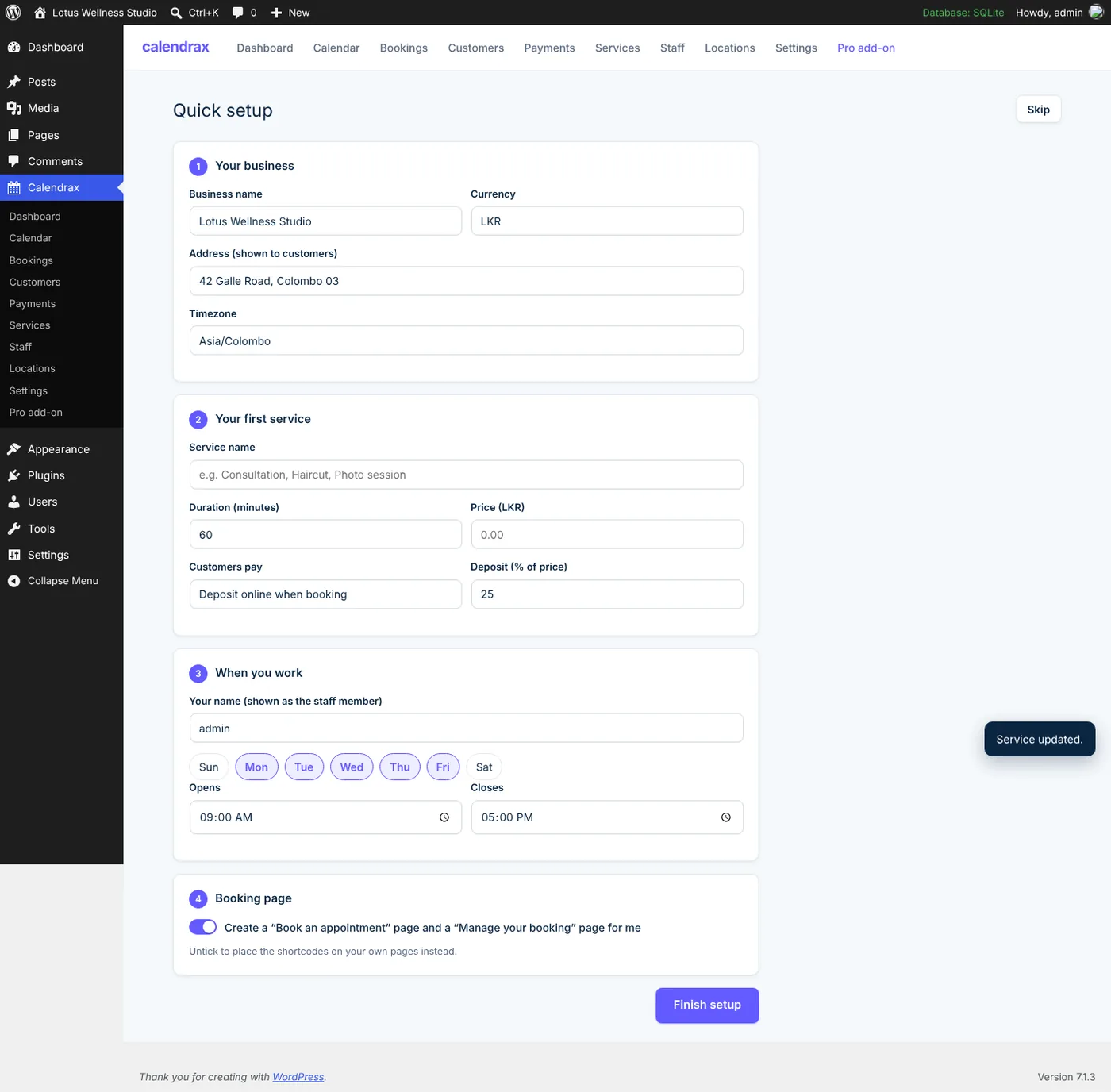 The Calendrax dashboard in WordPress