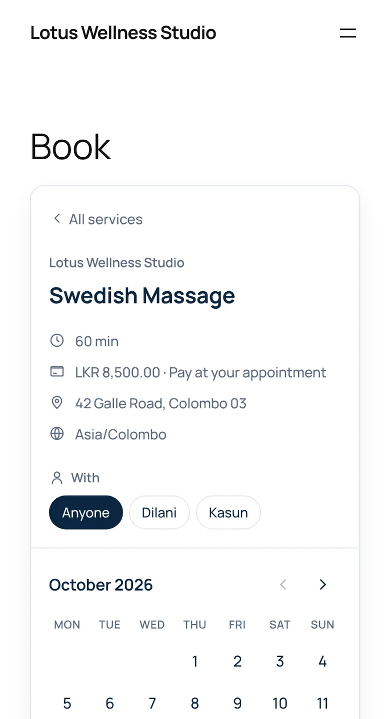The booking form on a phone screen