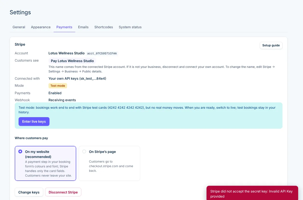 Connected with own keys: the screen shows the account and the name customers see