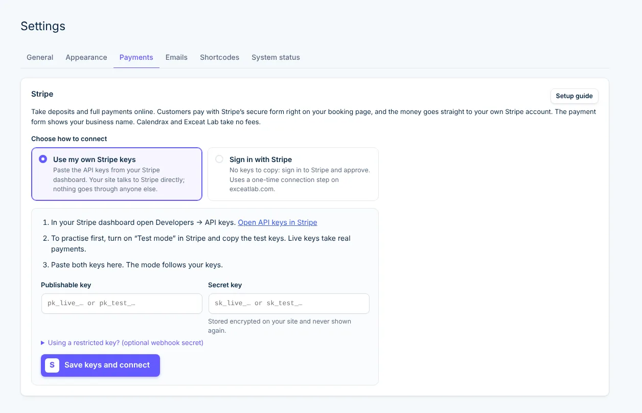 The Payments screen: choose Use my own Stripe keys or Sign in with Stripe